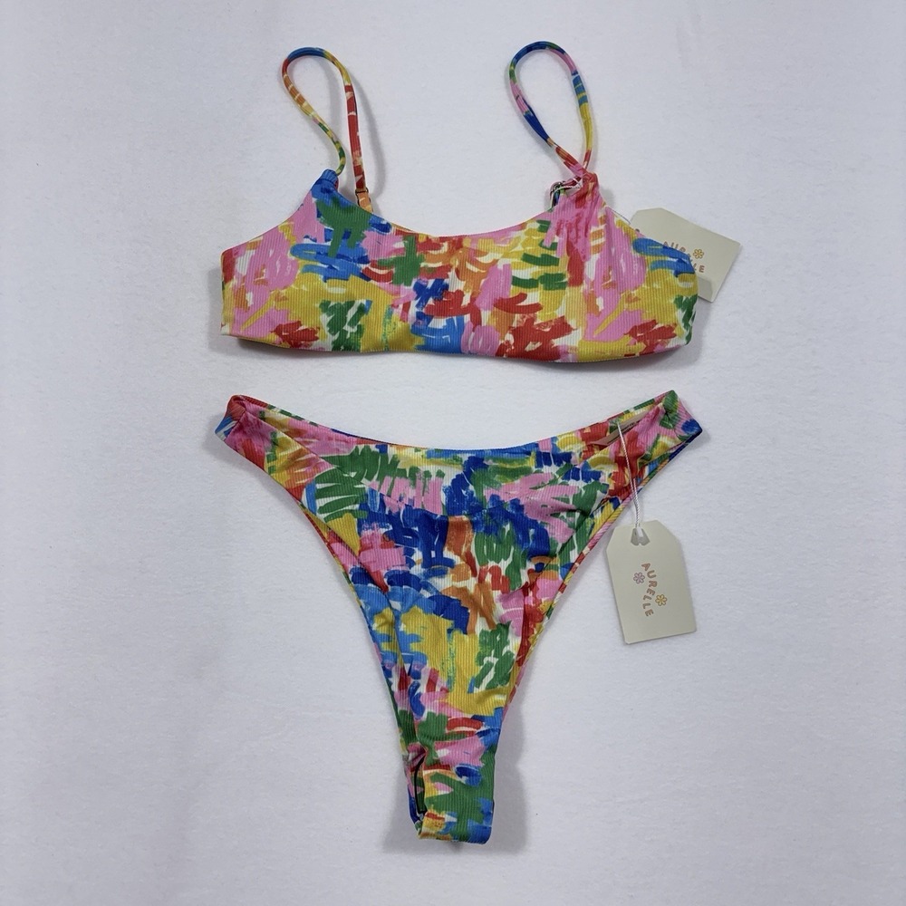 NWT AURELLE HENRI Watercolor Bikini Set Sz L Bralette High Cut Swim 2 piece 90s‎